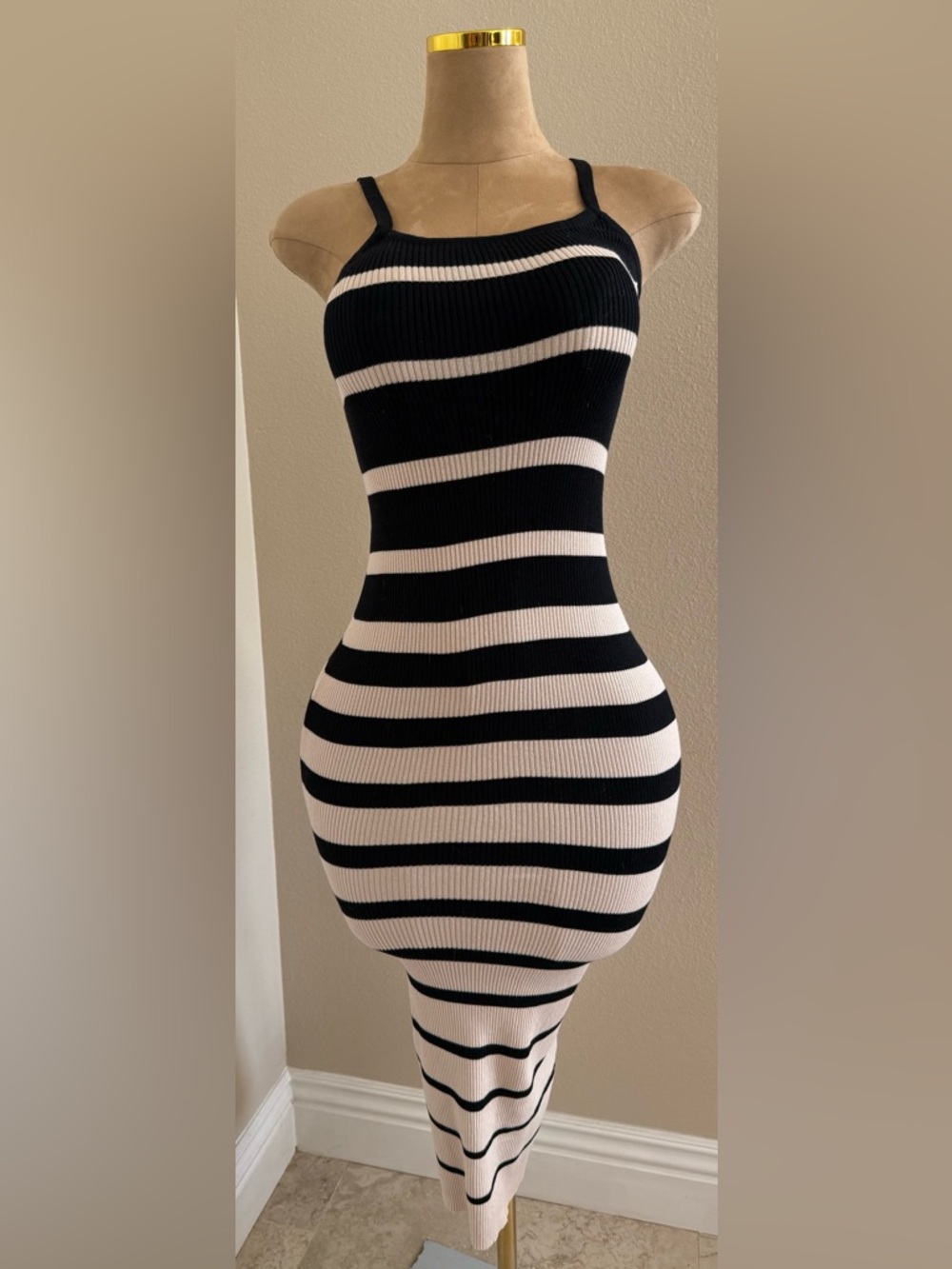 Black and White Striped Ribbed Midi Dress